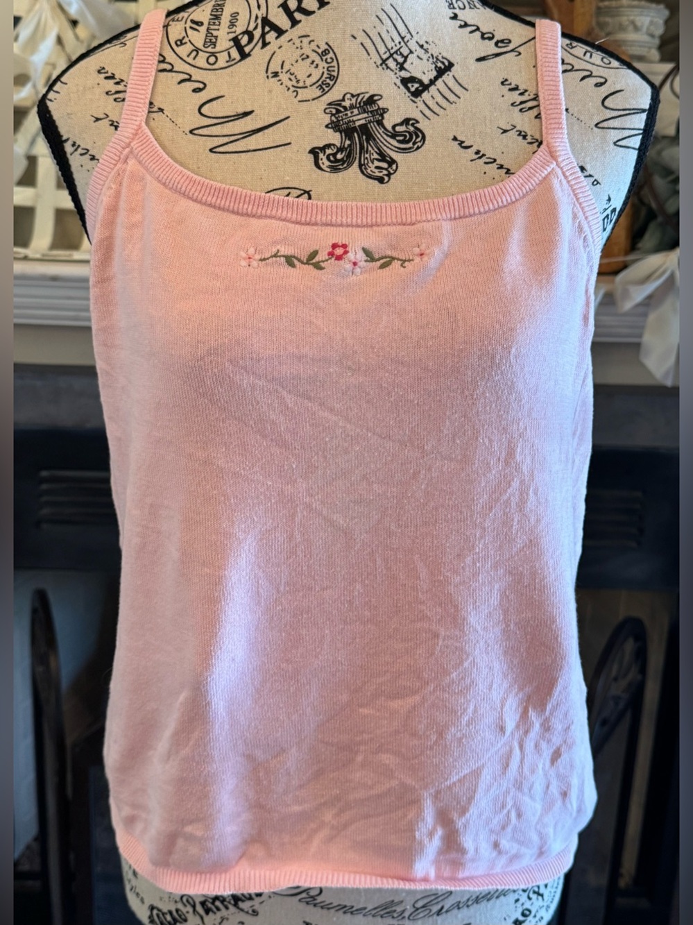 Y2K 90s Vintage Pink Knit Gap Tank Top Floral Embroidery Sweet Feminine Summer